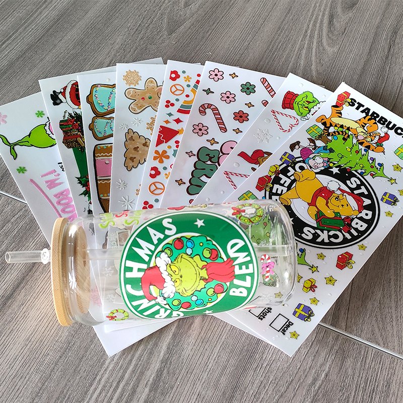 Custom design ready to ship uv dtf cup wrap transfers 16oz label logo uv dft cup wraps transfer with 2.5inch Cup cap sticker