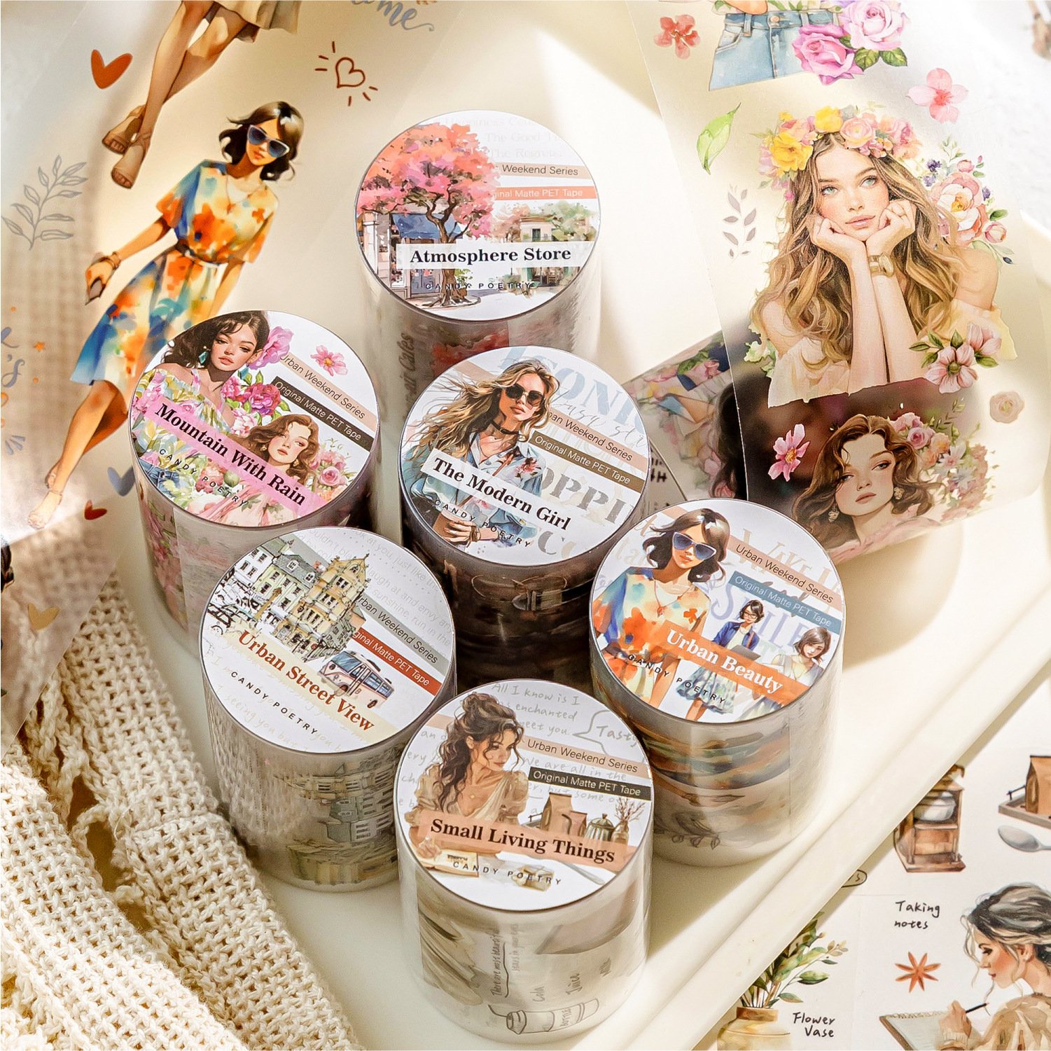1 roll/piece PET tape urban weekend DIY material decoration circular stickers, 6 styles