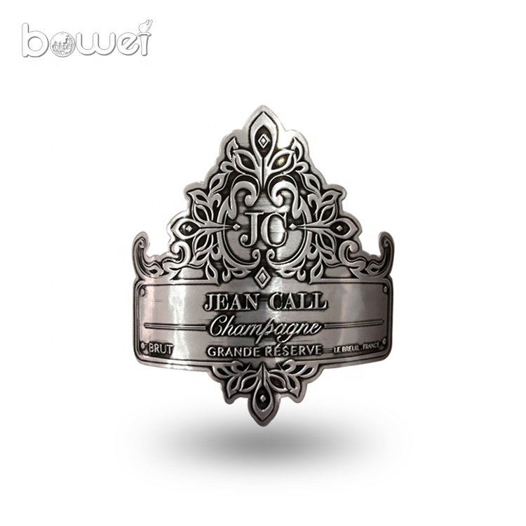 factory supply different shape custom curved antique silver roll metal wine metal label sticker