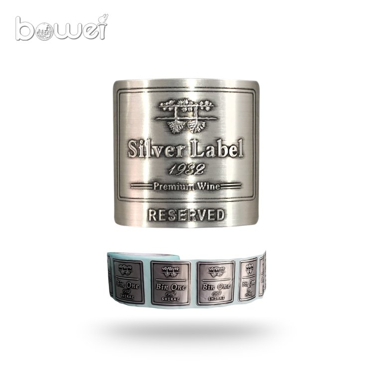 factory supply different shape custom curved antique silver roll metal wine metal label sticker