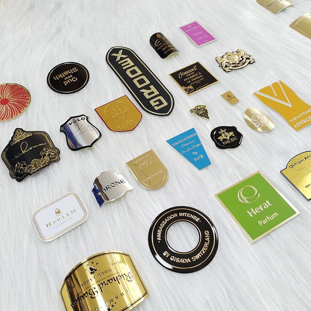 Hot Selling Custom OEM Design Embossed Metal printing Logo Aluminum Label Adhesive Perfume Metallic Stickers