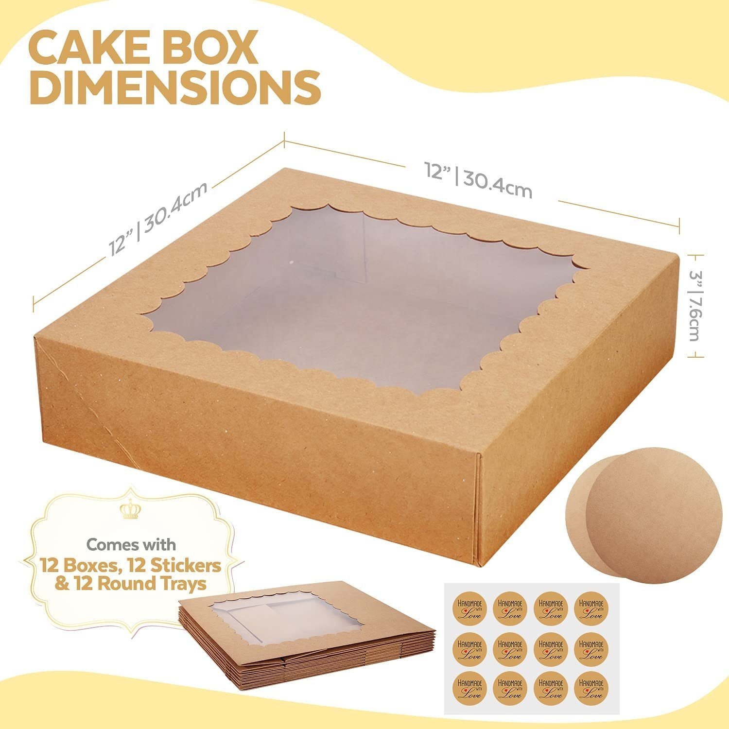 Cake Boxes 12 inch with Trays and Stickers, (12-Pack) 12x12x3" Bakery Box with Window for Pastries. Cupcakes, Cookies, Donuts