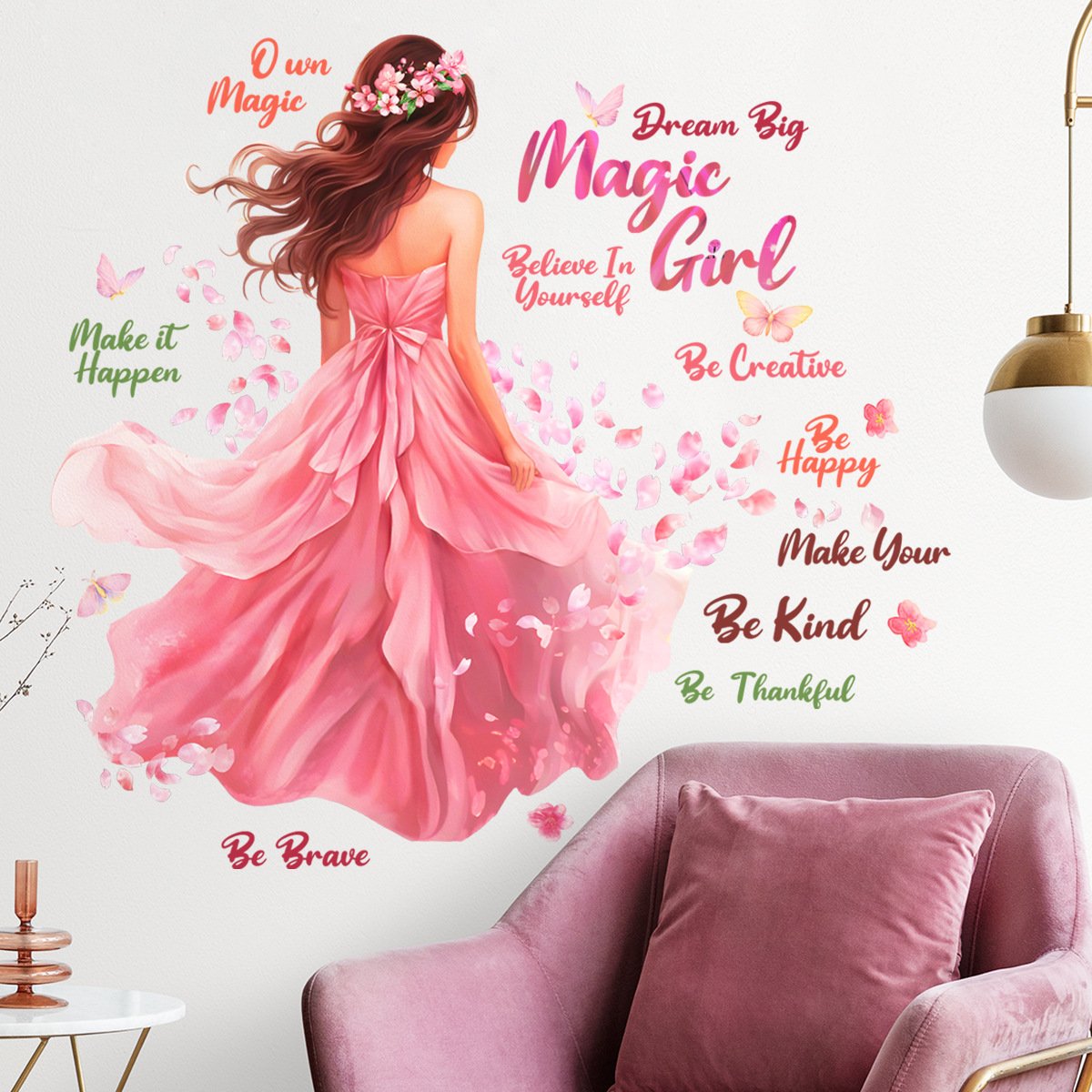 High quality girl back family motto butterfly wall decal water proof sticker self adhesive home decoration wall sticker