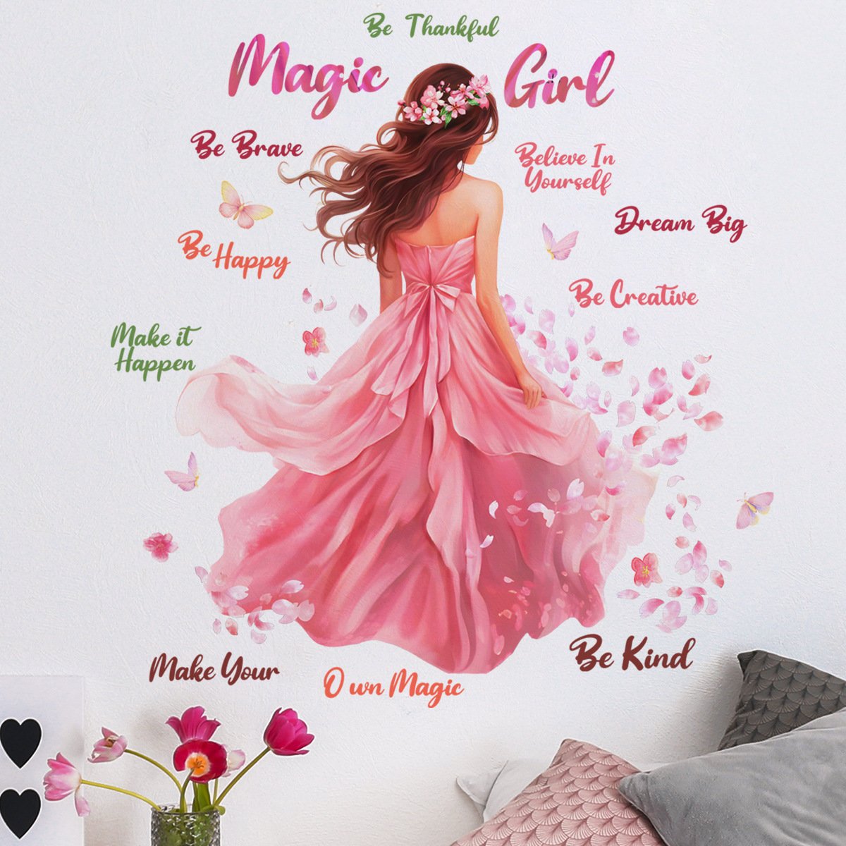 High quality girl back family motto butterfly wall decal water proof sticker self adhesive home decoration wall sticker