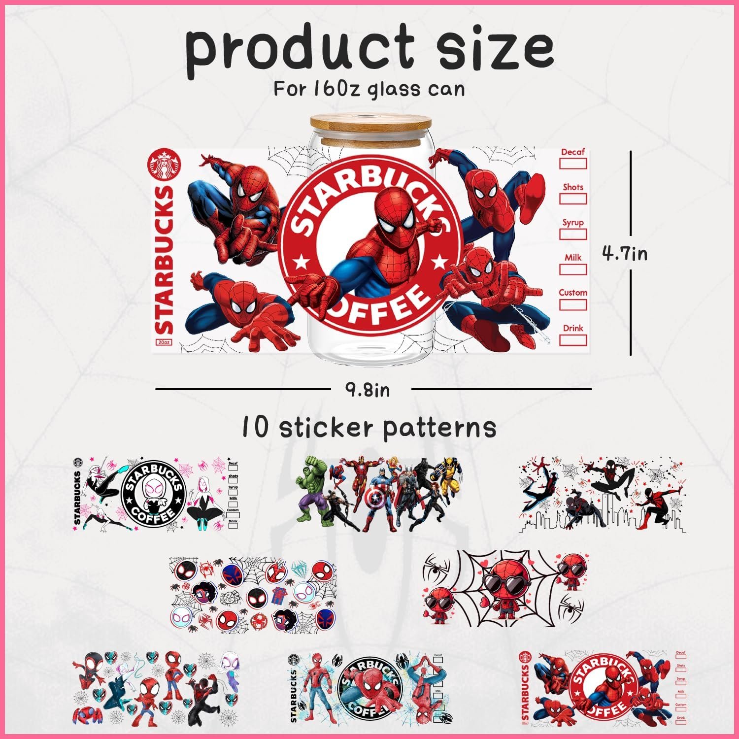 Avengers Spider-Man UV DTF Cup Wrap Transfer for Glass Cartoon Super Hero Cup Wrap Transfer Sticker for 16OZ Glass Cups DIY