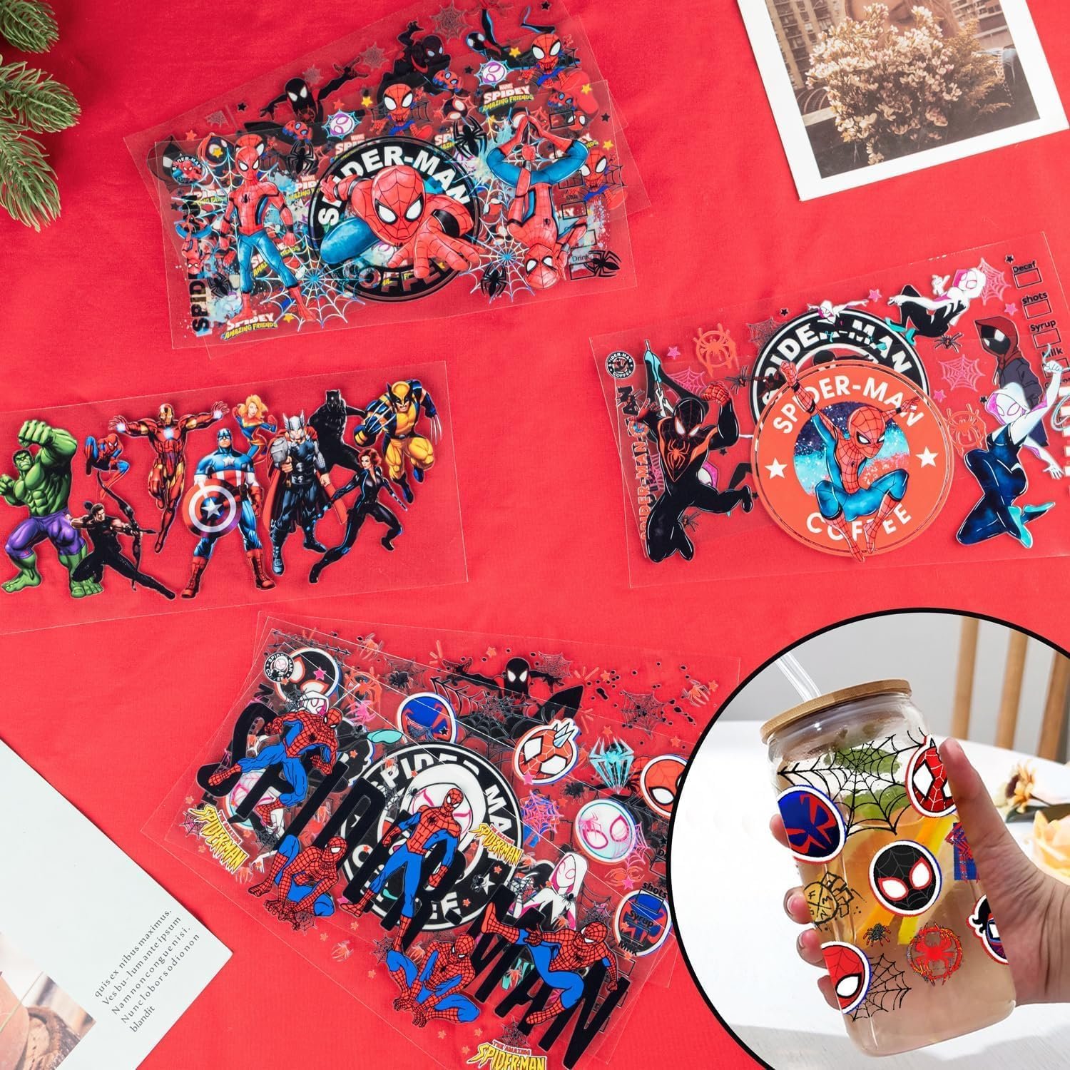 Avengers Spider-Man UV DTF Cup Wrap Transfer for Glass Cartoon Super Hero Cup Wrap Transfer Sticker for 16OZ Glass Cups DIY