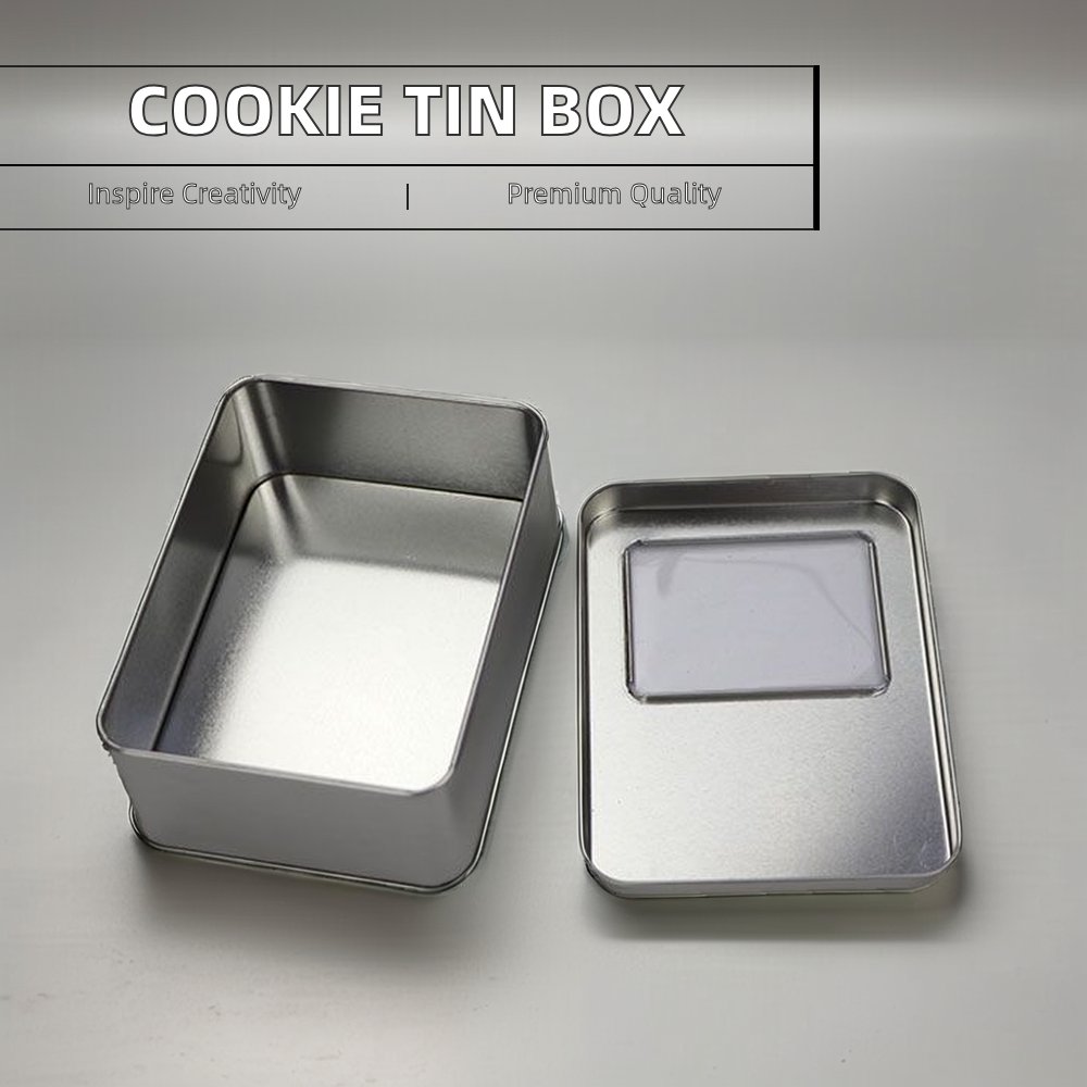 Wholesale Rectangle Rectangular Tinplate Cookies Tin Box with Window Recyclable for Wedding Stickers Crafts Perfume Storage