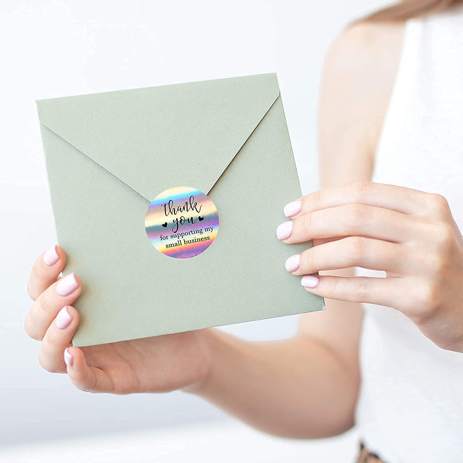 Holographic thank you sticker roll supporting small business thank you round sticker 500 with envelope packaging tape