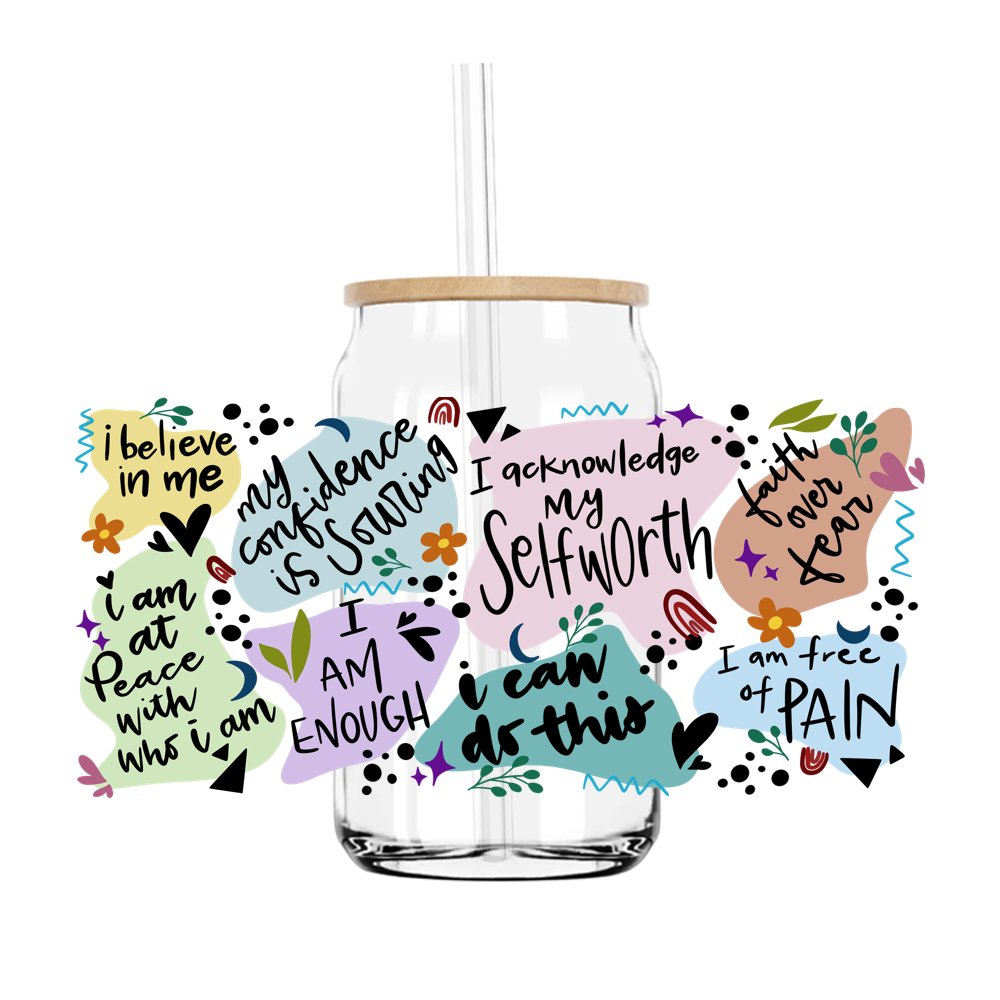 Factory Custom Printed Daily Positive Quote UV Dtf Transfer Cup Wraps For 16oz Libbey Glass Beer Cans Cold Cup