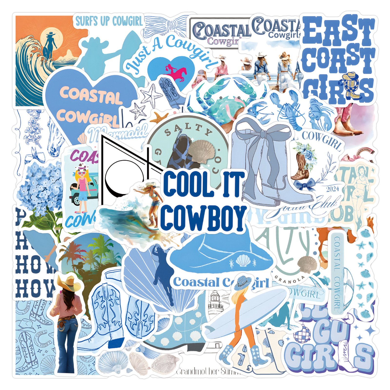 55Pcs Blue Coastal Cowgirl Graffiti Stickers For Laptop Book Decor VSCO Cool Girl Sticker