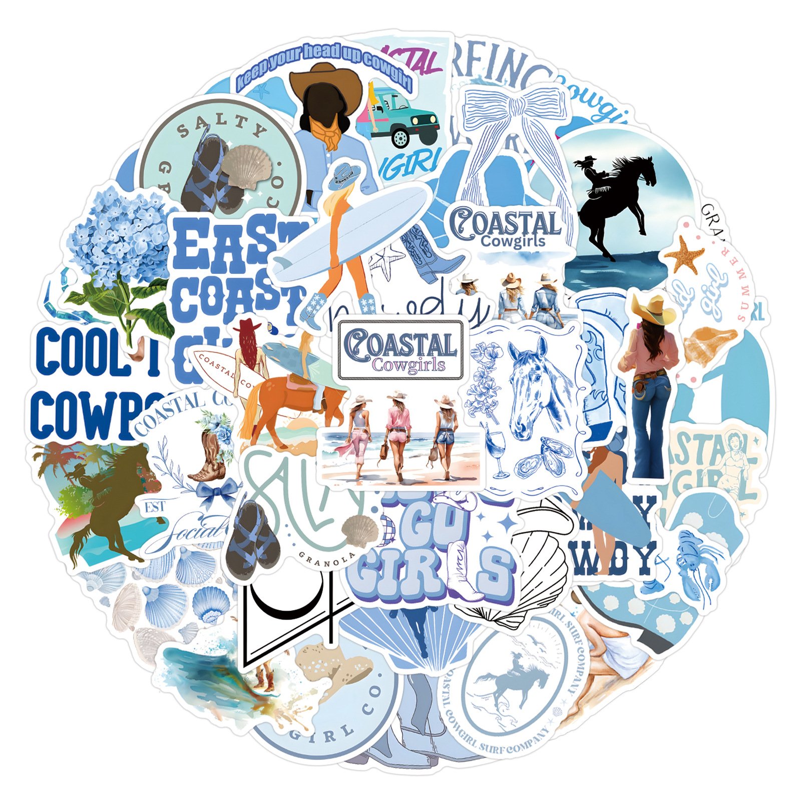 55Pcs Blue Coastal Cowgirl Graffiti Stickers For Laptop Book Decor VSCO Cool Girl Sticker