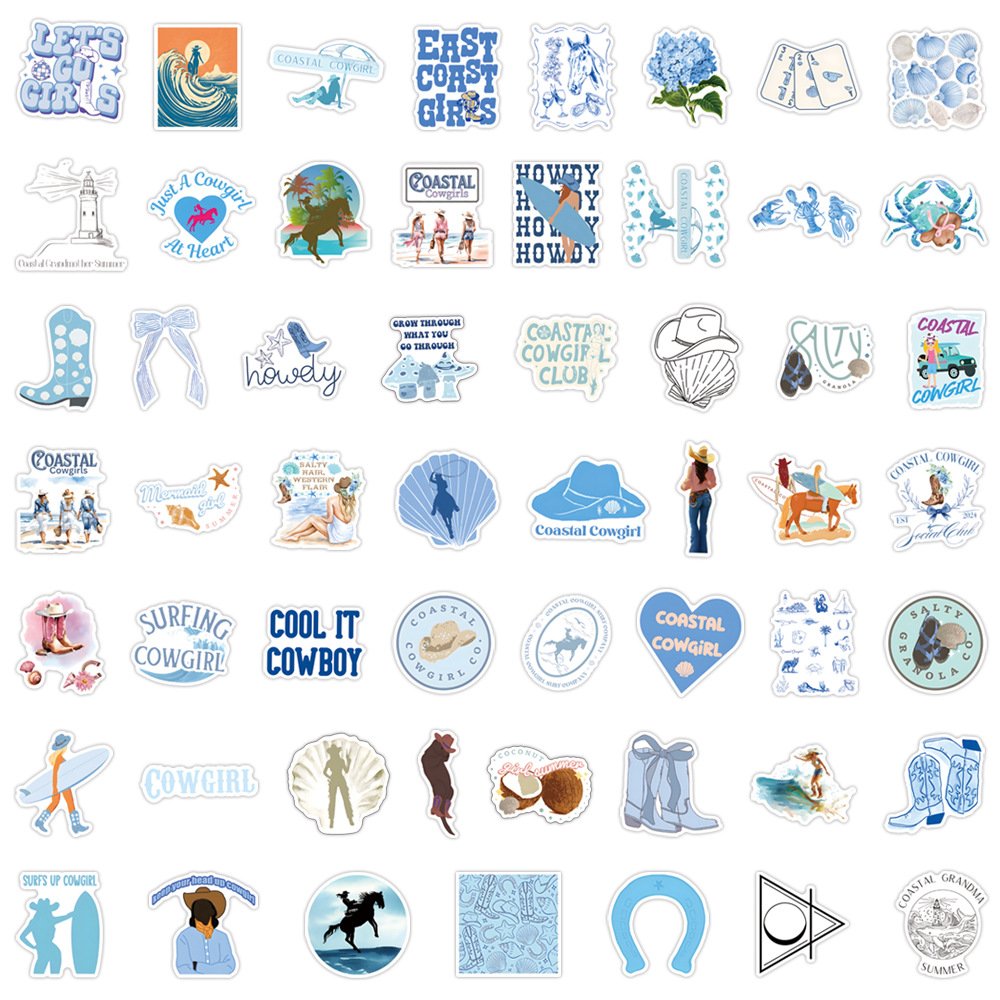 55Pcs Blue Coastal Cowgirl Graffiti Stickers For Laptop Book Decor VSCO Cool Girl Sticker