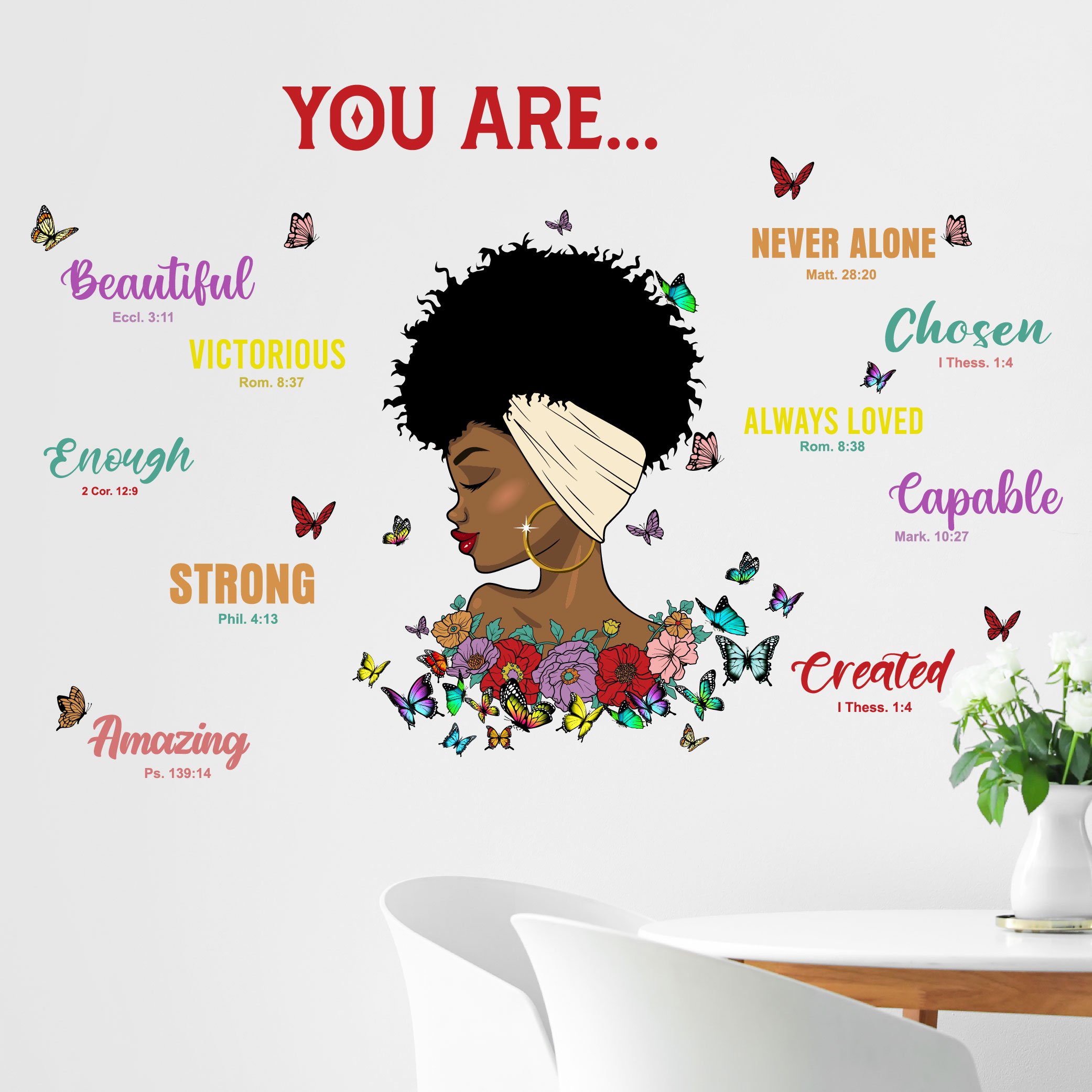 Creative black girl flowers 3d butterfly decoration family motto water proof stickers home decoration wall sticker