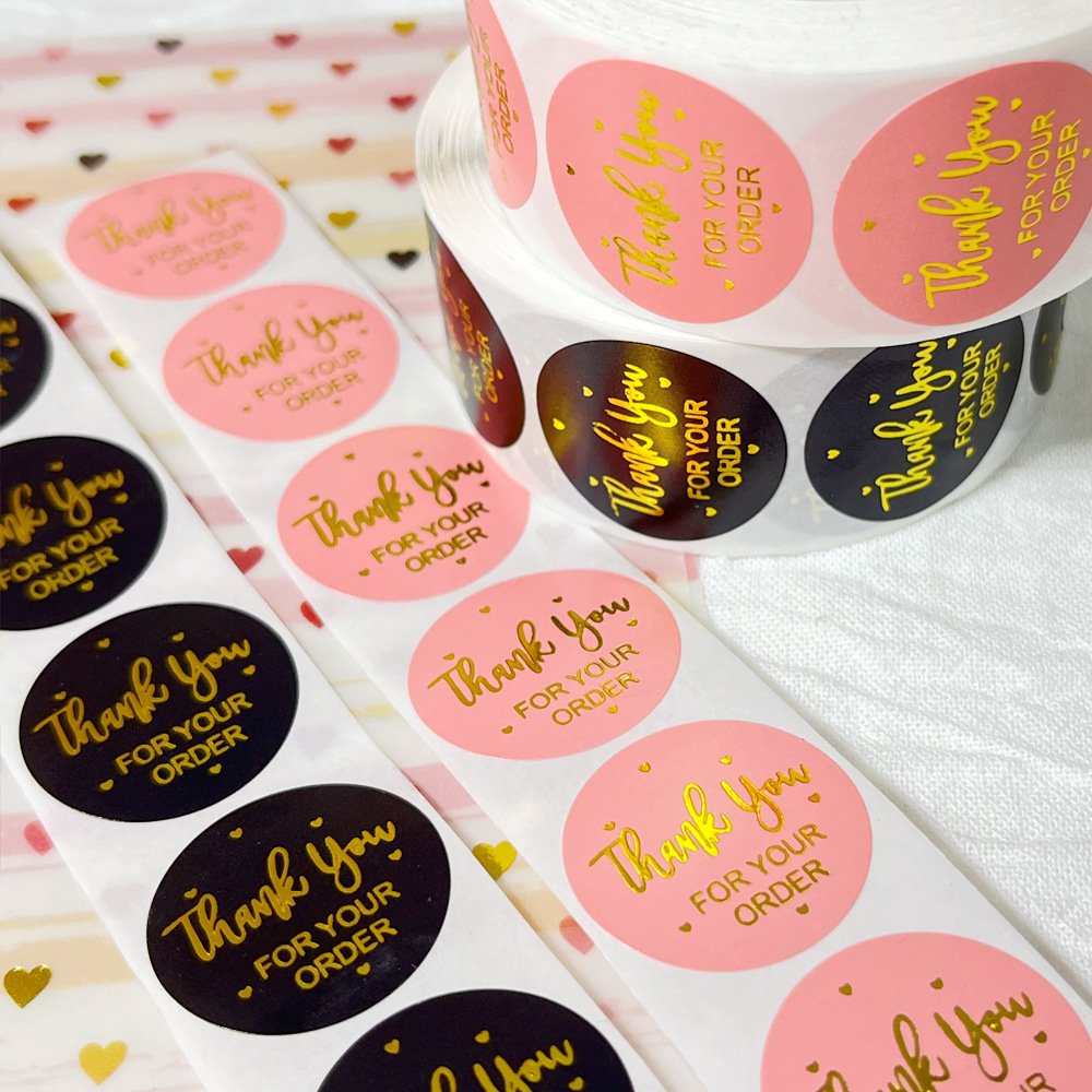 Professional Supply Waterproof Hot gold pink black thank you sticker for Packaging Art