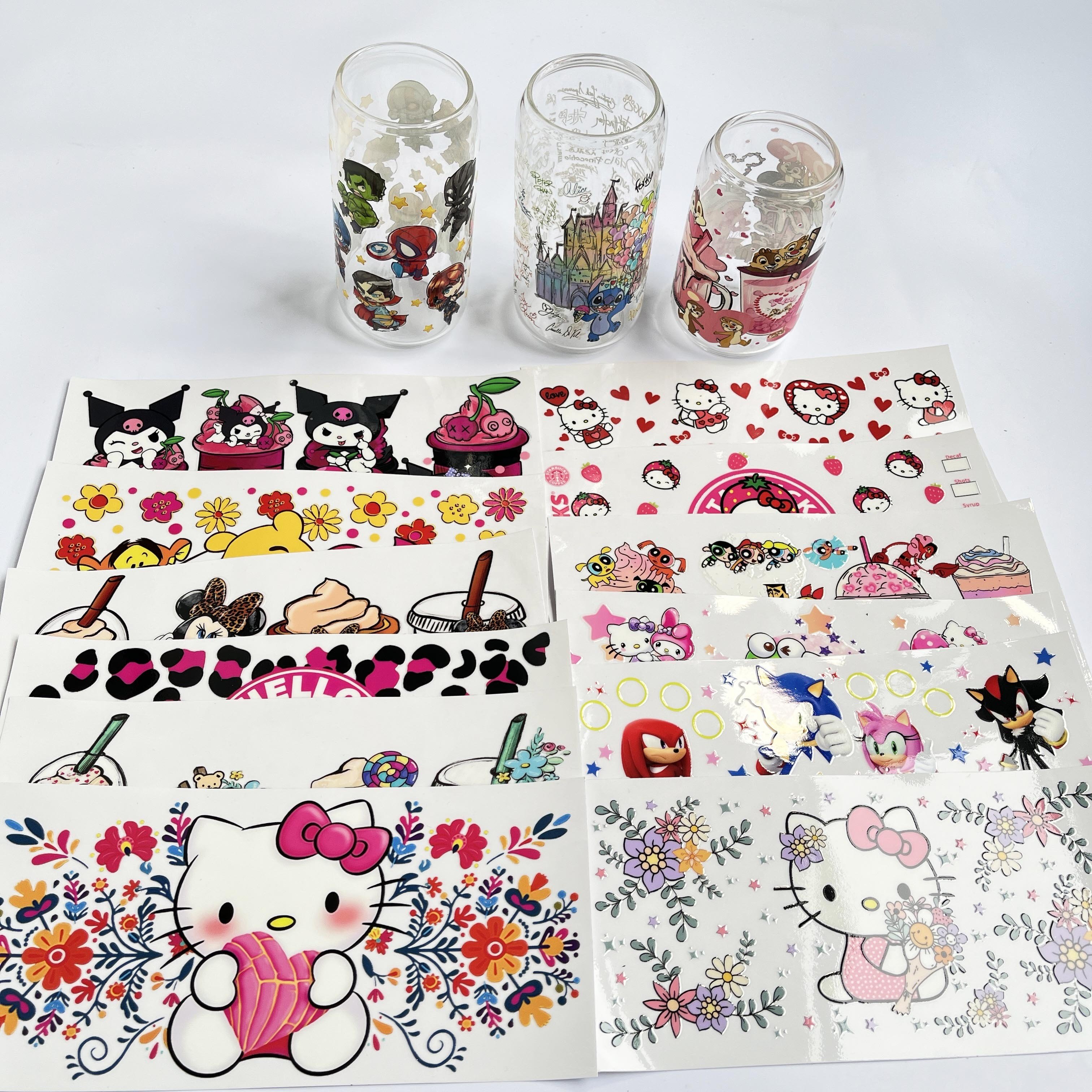 Wholesale factory cartoon labels heat transfer film printed on glass vinyl sticker printing uv dtf wraps 16oz for cups