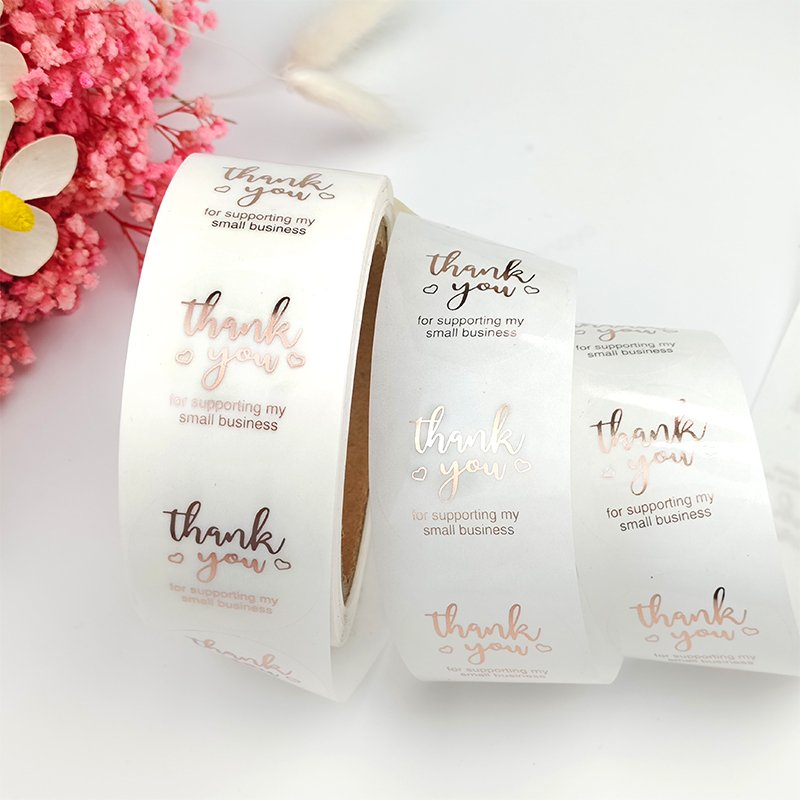 Custom thank you logo product adhesive Plum label business stickers transfer printing digital gold foil stickers roll paper