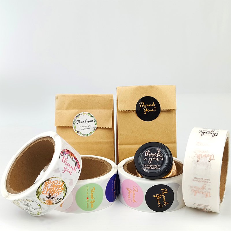 Custom thank you logo product adhesive Plum label business stickers transfer printing digital gold foil stickers roll paper