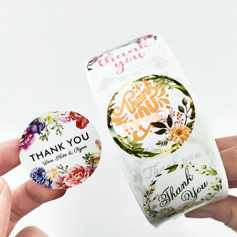 Custom thank you logo product adhesive Plum label business stickers transfer printing digital gold foil stickers roll paper