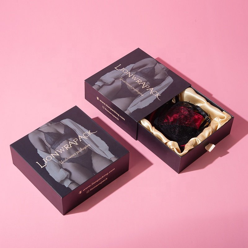 Custom Underwear Clothes Package Coated Paper Boxes Black Cardboard Folding Mailer Bra Packing Box With slide drawer
