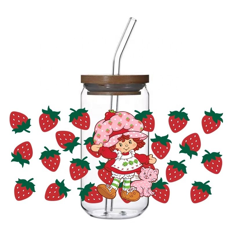 20000+ High Quality Fashion Strawberry Girl UV Wrap 16OZ Transfer Cartoon Strawberry Shortcake UV DTF Cup Wrap Stickers for Cup