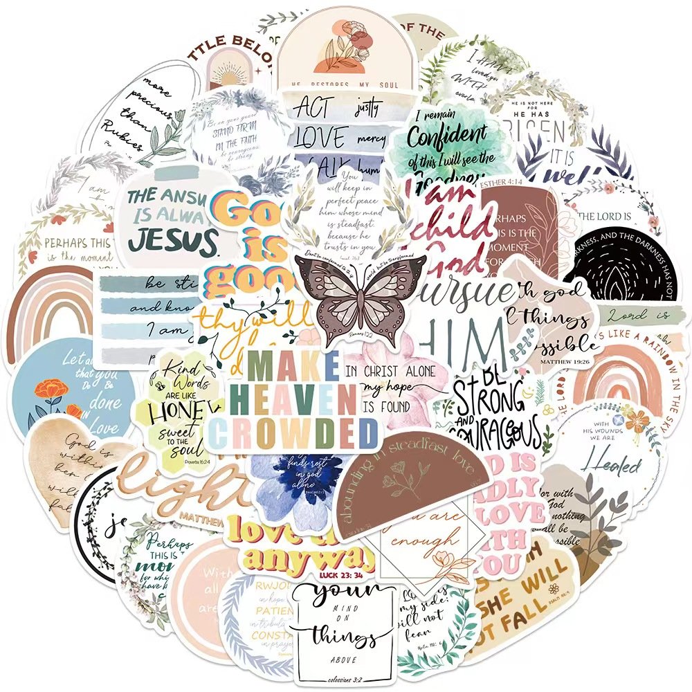 50pcs Bible Phrase Waterproof Graffiti Decorative Sticker Packs For Kids Laptop Skateboard Notebook Water Bottle Cup