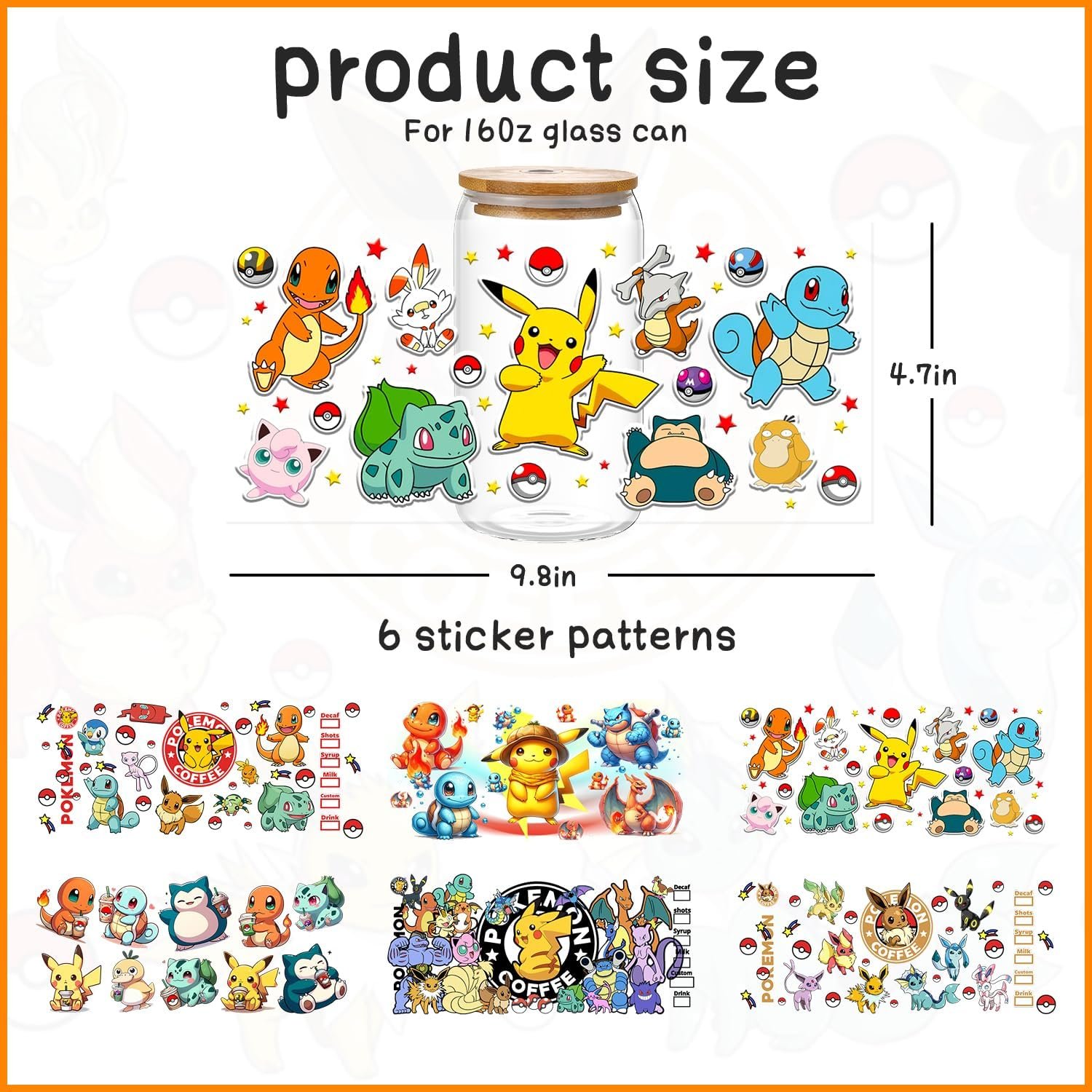 Pikachu Squirtle UV DTF Cup Wrap for 16oz Cup Cute Cartoon Wrap Transfer Stickers for Cup Tumbler Waterproof Decal for Bottle