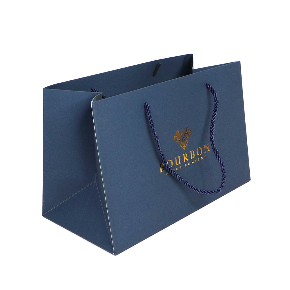 China Factory Gold Hot Stamping Logo Blue Paper Luxury Packaging Gift Shopping Bag For Fashion Apparel Jewelry