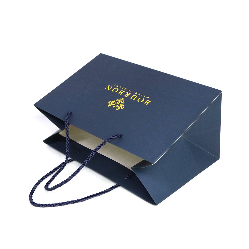 China Factory Gold Hot Stamping Logo Blue Paper Luxury Packaging Gift Shopping Bag For Fashion Apparel Jewelry