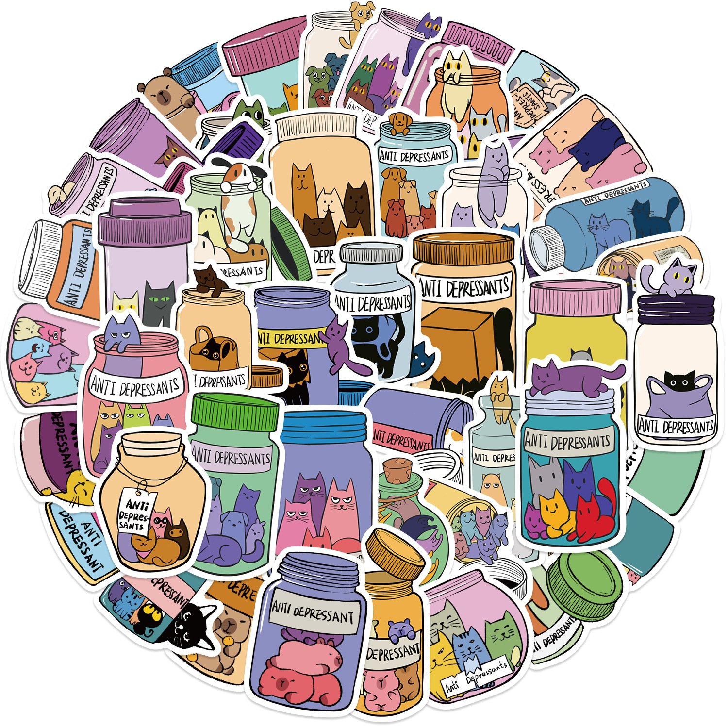 50Pcs Anti Depressants Medicine Bottle Graffiti Stickers For Phone Wall Decor Creative Cat Capybara Medical Sticker