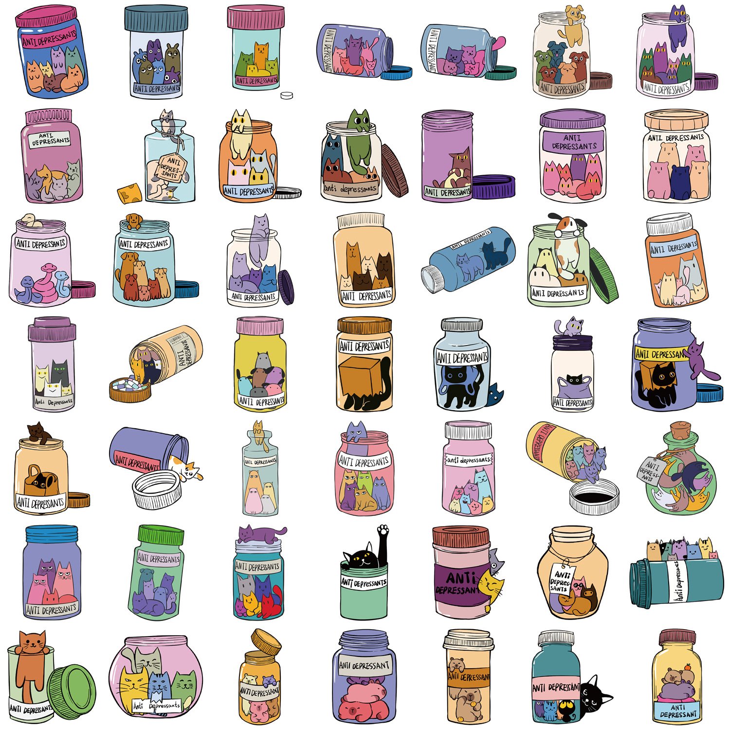 50Pcs Anti Depressants Medicine Bottle Graffiti Stickers For Phone Wall Decor Creative Cat Capybara Medical Sticker