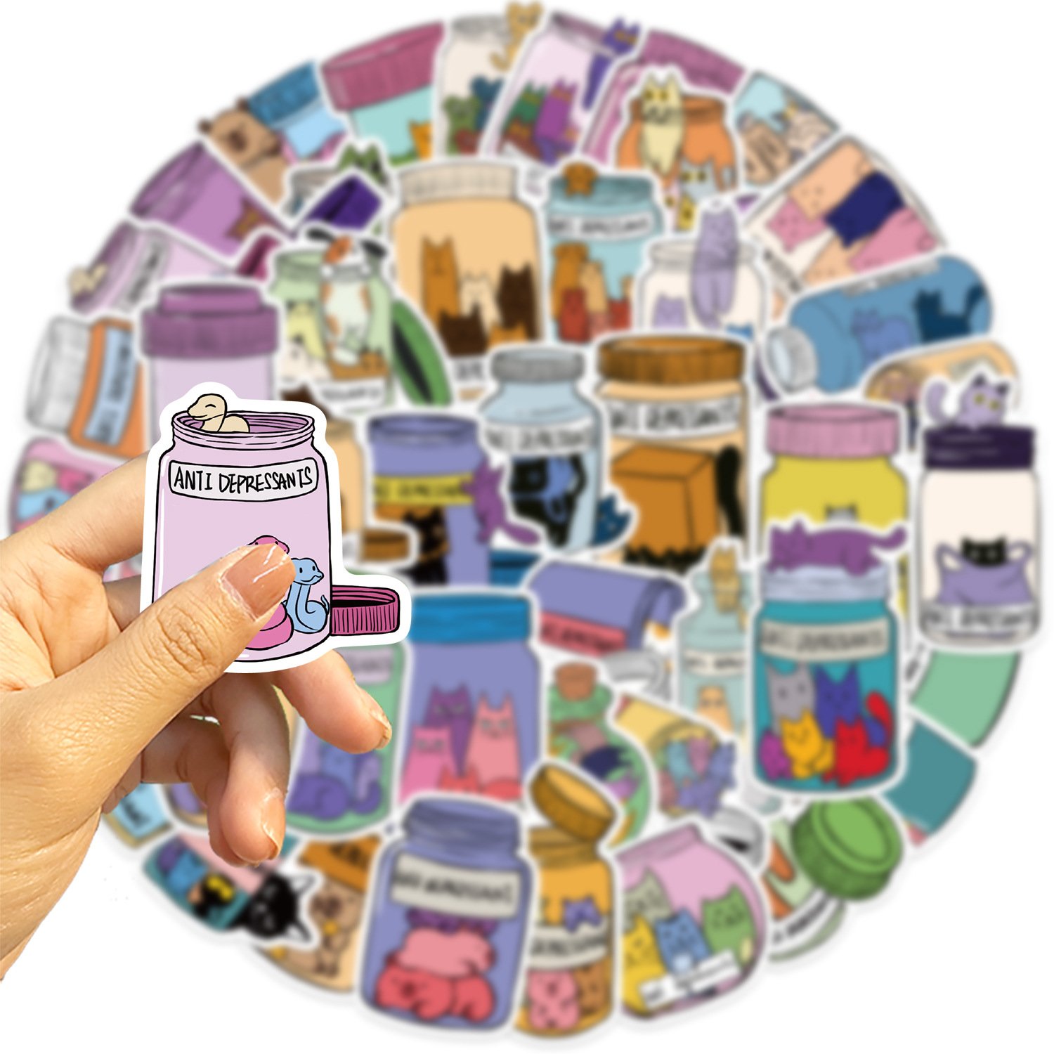 50Pcs Anti Depressants Medicine Bottle Graffiti Stickers For Phone Wall Decor Creative Cat Capybara Medical Sticker