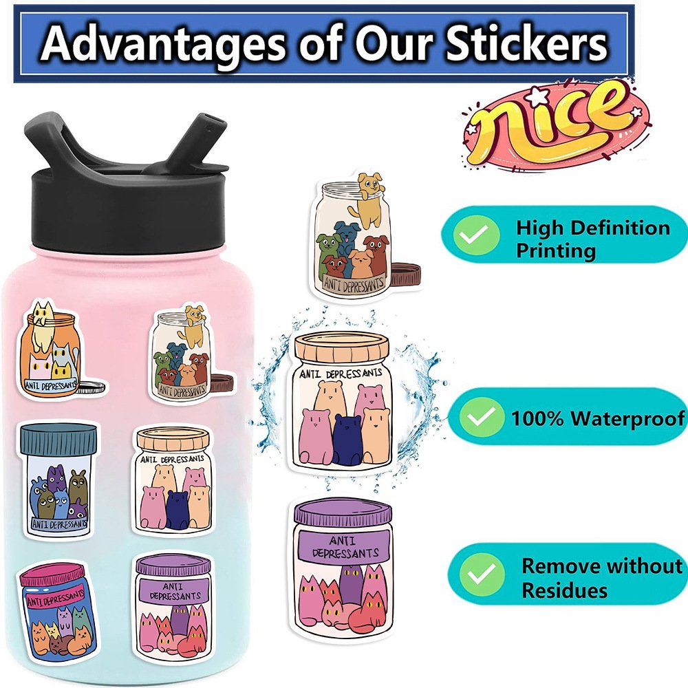 50Pcs Anti Depressants Medicine Bottle Graffiti Stickers For Phone Wall Decor Creative Cat Capybara Medical Sticker