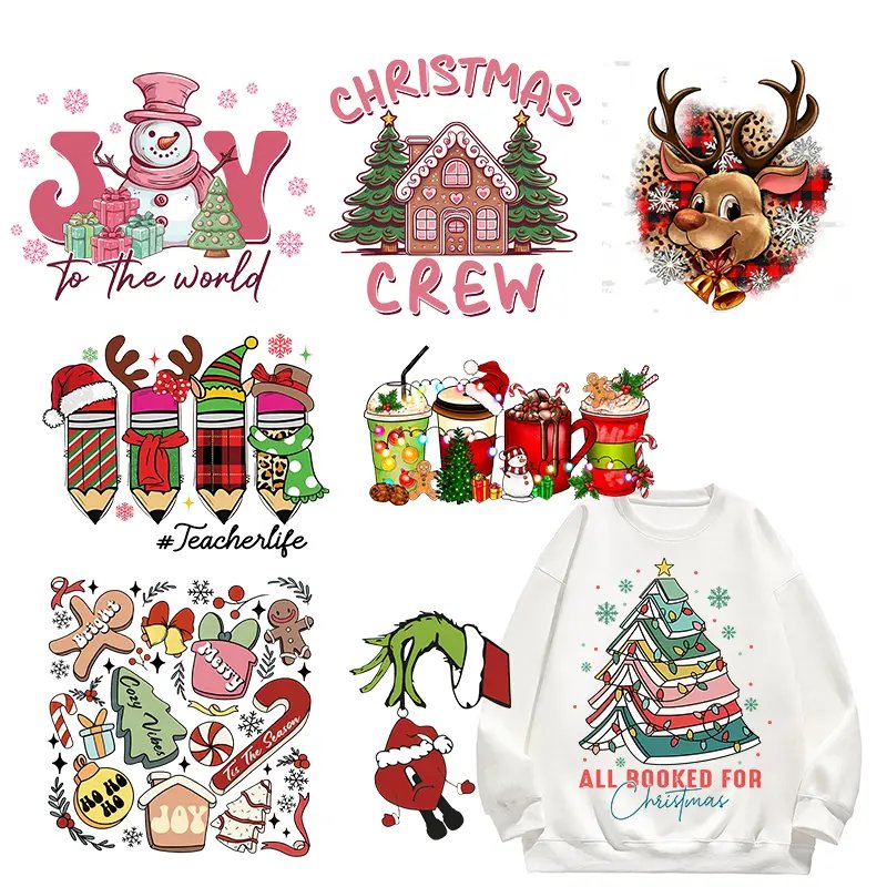 High Quality Cartoon Christmas Heat Press Transfers Stickers Custom Plastisol Heat Transfers DTF Transfers For T Shirts