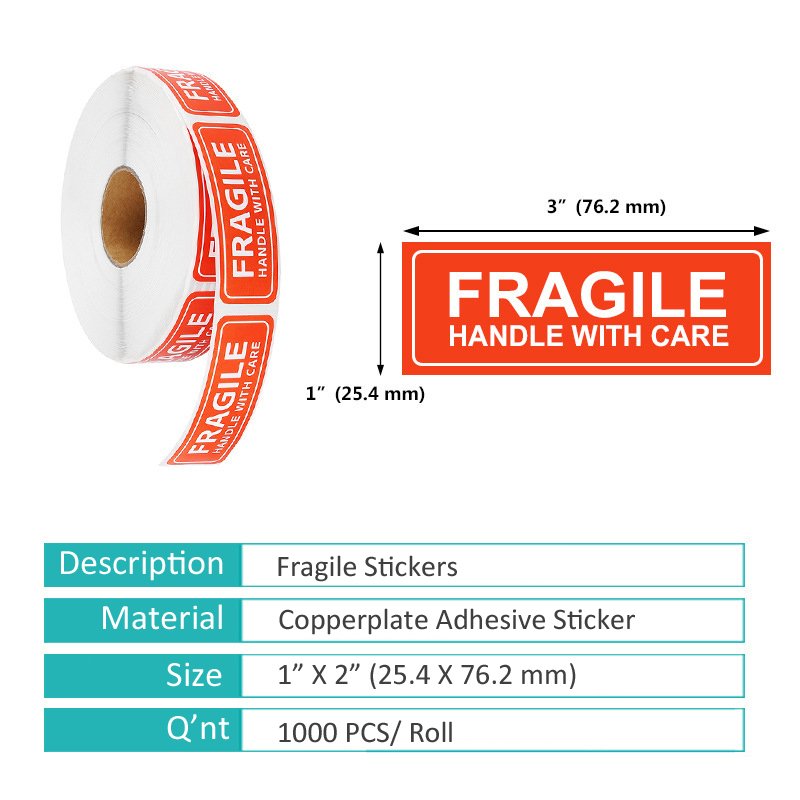 1000 Fragile Stickers 2 Rolls 2'' x 3'' Fragile - Handle with Care - Thank You Shipping Labels Stickers 500 Labels/Rolled Warn