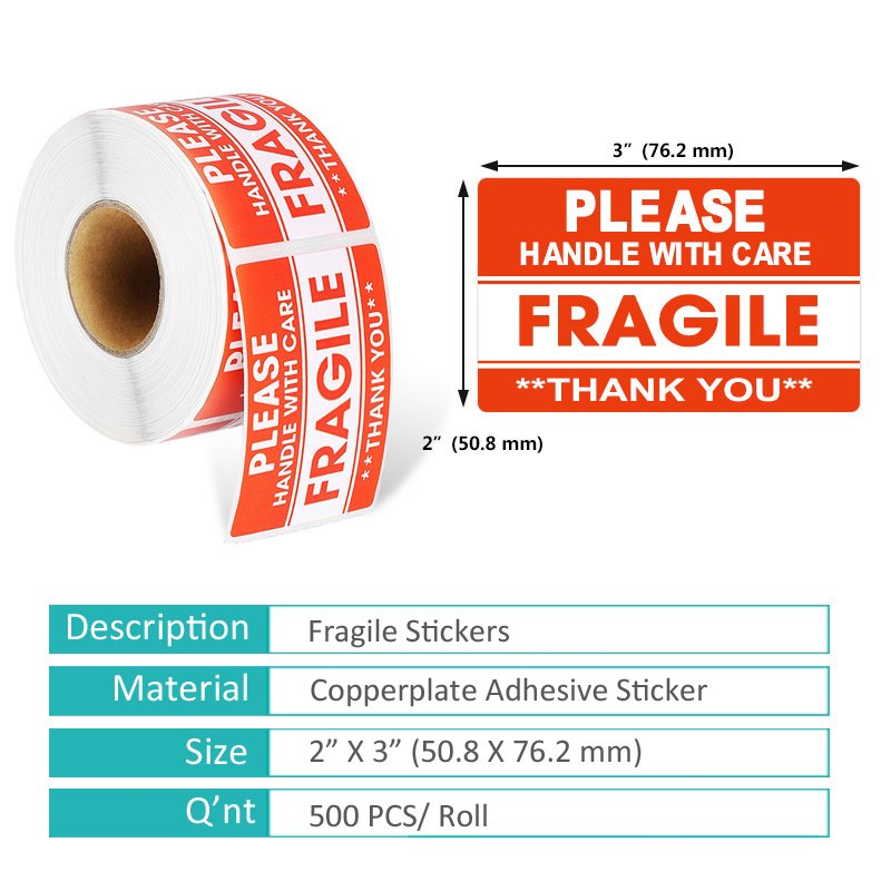 1000 Fragile Stickers 2 Rolls 2'' x 3'' Fragile - Handle with Care - Thank You Shipping Labels Stickers 500 Labels/Rolled Warn