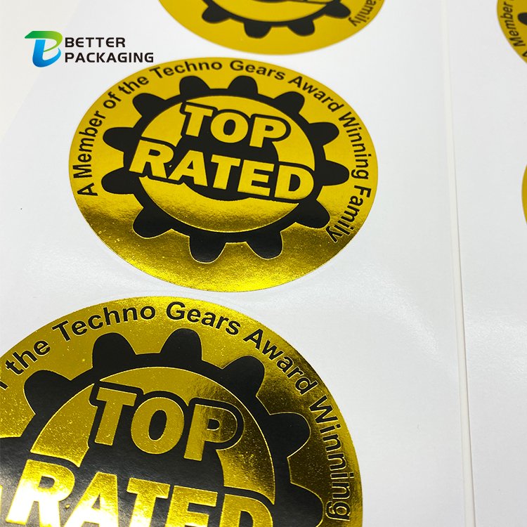 Brand Name Vinyl Adhesive Custom Black Logo Label Packaging Circle Gold Foil Stamping Embossed Printed Sticker
