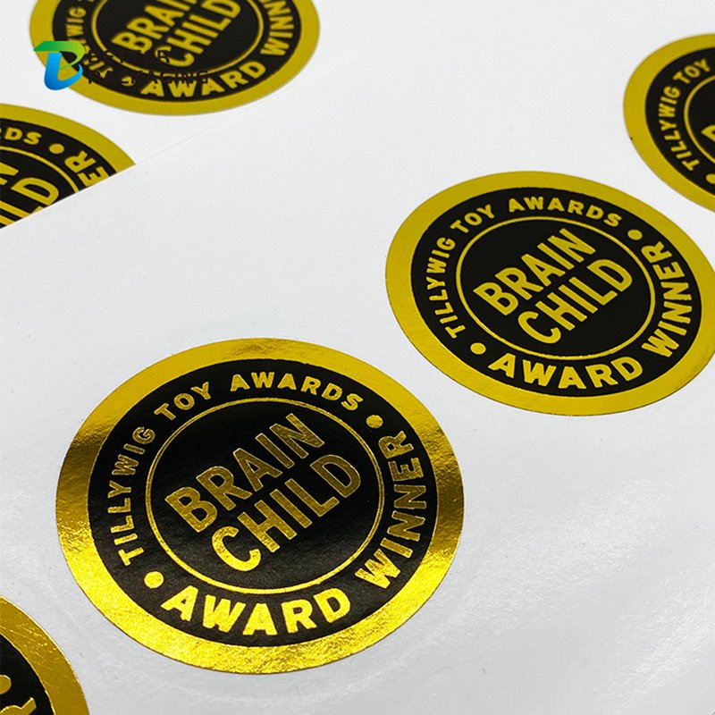 Brand Name Vinyl Adhesive Custom Black Logo Label Packaging Circle Gold Foil Stamping Embossed Printed Sticker