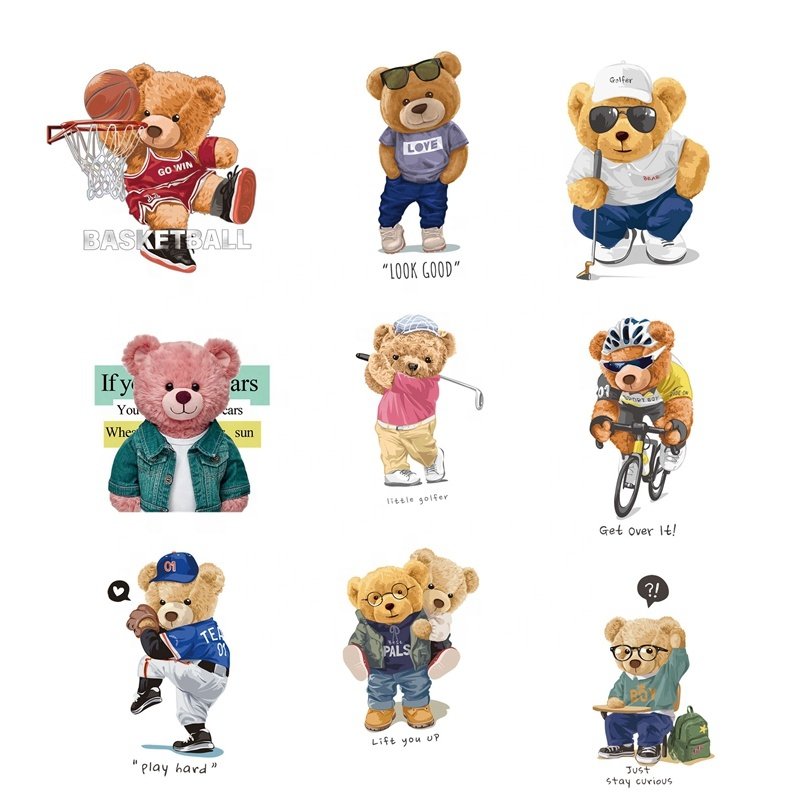 26 Styles Small Cartoon Bear Logo Plastisol Thermo Print Iron on Heat Transfer Stickers Patches for Clothing Use Ready to Press
