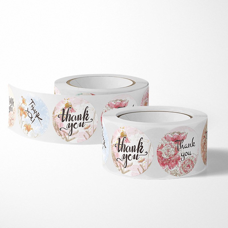 Custom Logo Circle Packaging Thanks You Sticker Printing Self Adhesive Vinyl Waterproof Food Round Sealing Label Sticker Roll