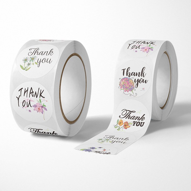 Custom Logo Circle Packaging Thanks You Sticker Printing Self Adhesive Vinyl Waterproof Food Round Sealing Label Sticker Roll
