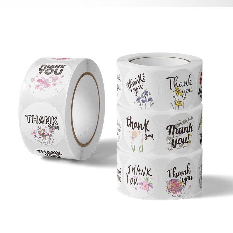 Custom Logo Circle Packaging Thanks You Sticker Printing Self Adhesive Vinyl Waterproof Food Round Sealing Label Sticker Roll