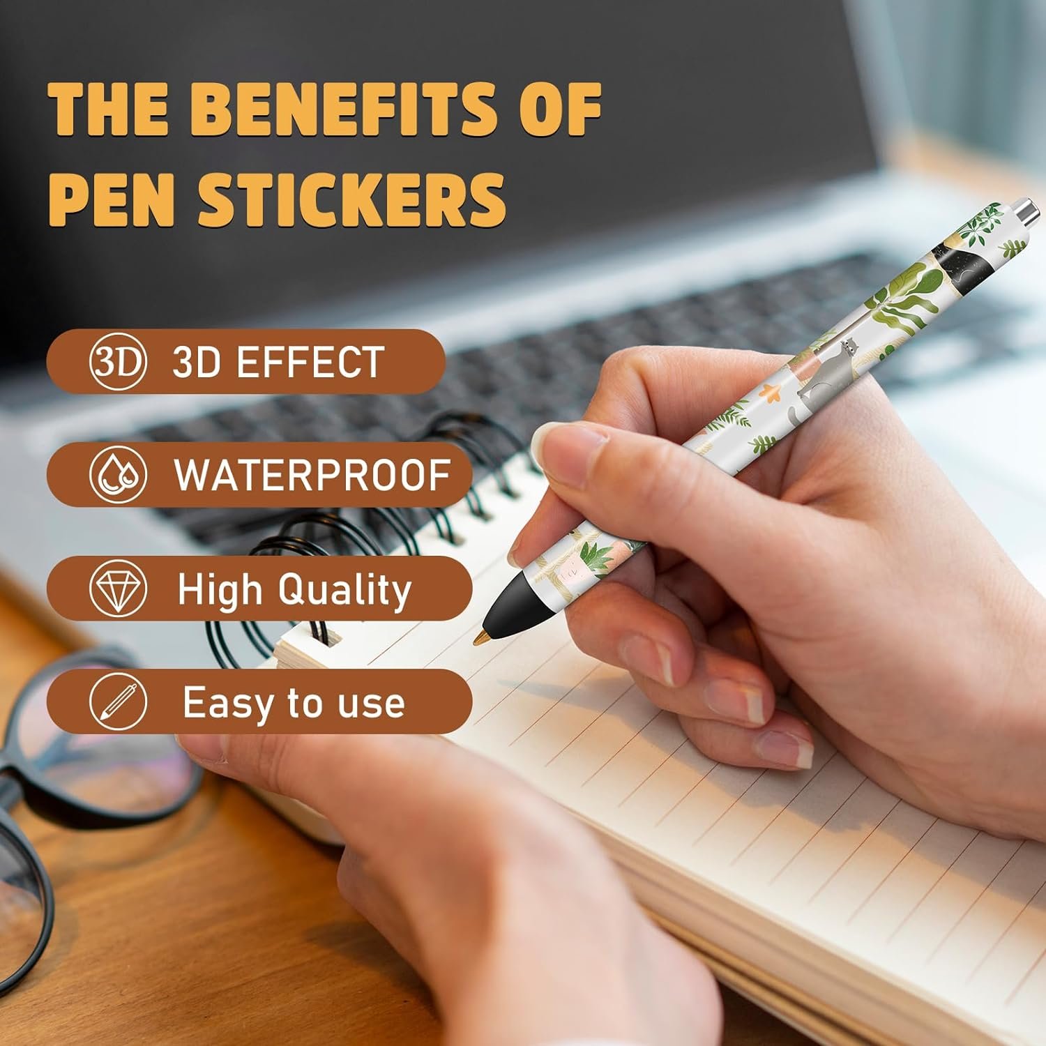 UV DTF Pen Wrap Plant Black Cat UV DTF Stickers for Pen Flower Cute Cat Decals Waterproof UV DTF Transfer Stickers for DIY Pen