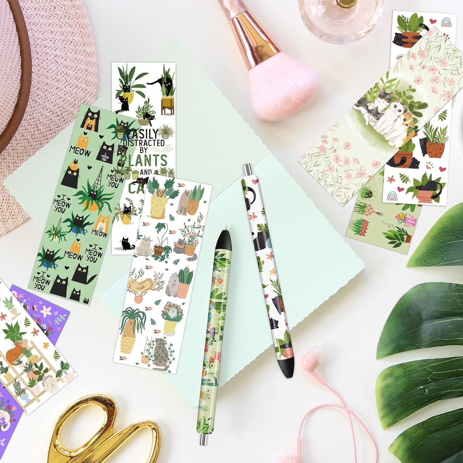 UV DTF Pen Wrap Plant Black Cat UV DTF Stickers for Pen Flower Cute Cat Decals Waterproof UV DTF Transfer Stickers for DIY Pen