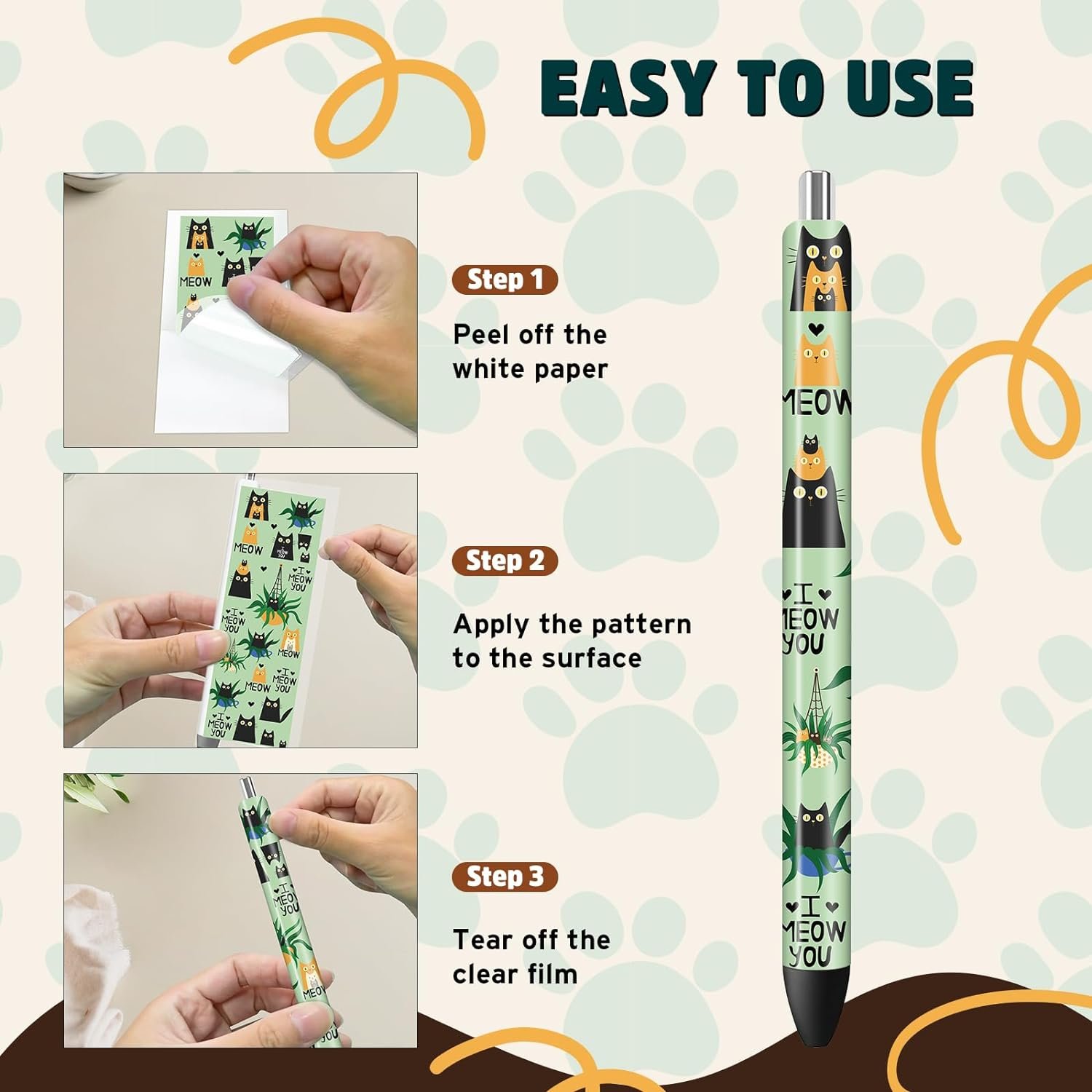UV DTF Pen Wrap Plant Black Cat UV DTF Stickers for Pen Flower Cute Cat Decals Waterproof UV DTF Transfer Stickers for DIY Pen