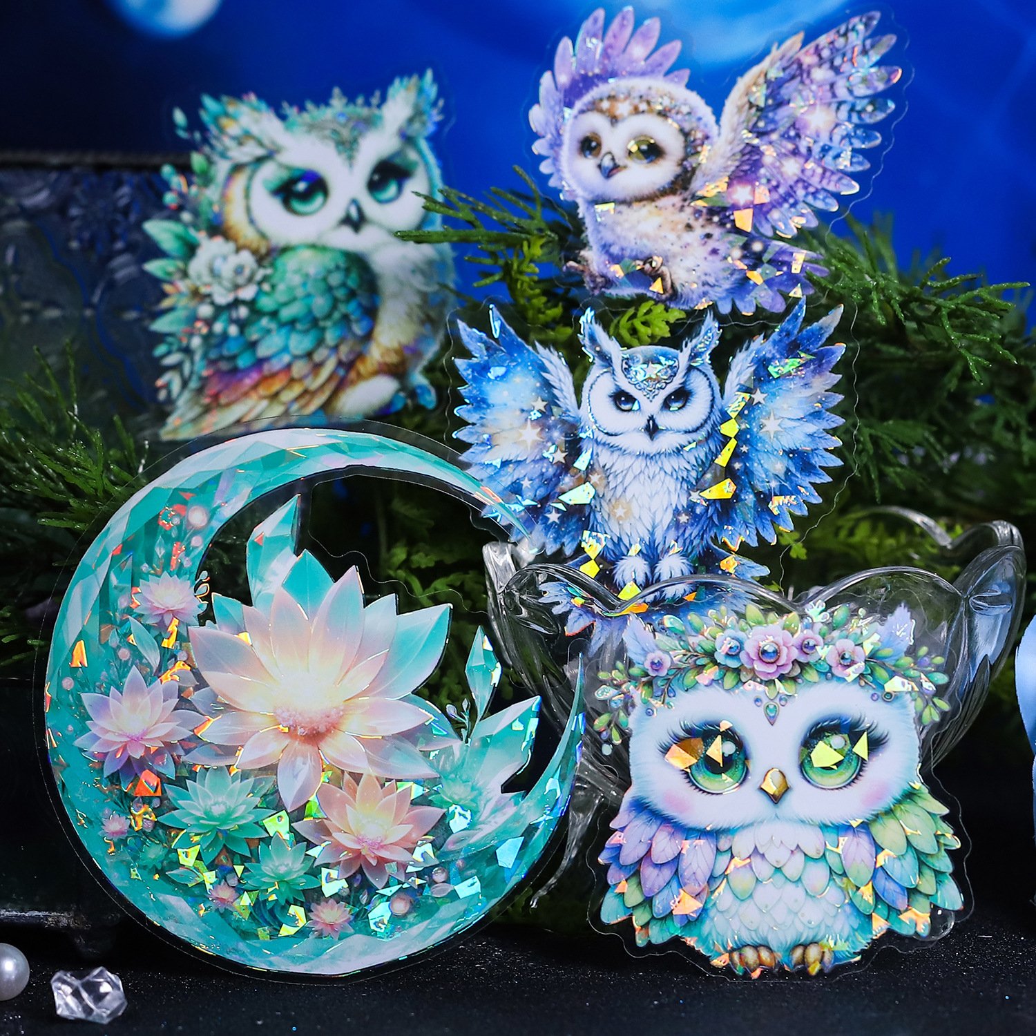 6 sheets/pack of PET stickers for the Moonlight Owl series Shell Light Hand Book DIY decorative stickers in 4 styles