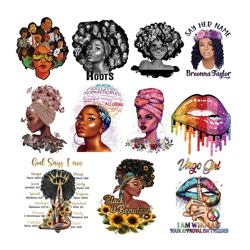 Black Afro Girl Stickers DIY Iron On Juneteenth Clear Film Screen Print Transfers Designs For T Shirts Bags Decoration Appliqued