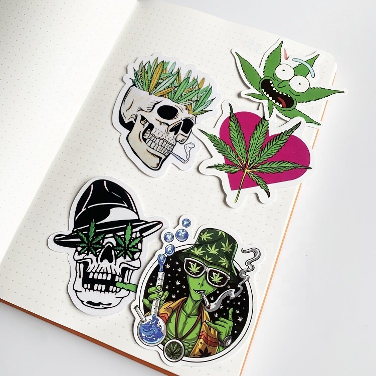Custom Waterproof Removable One Piece Single Die Cut Laptop Vinyl Pvc Pot Leaf Weed Sticker for Laptop