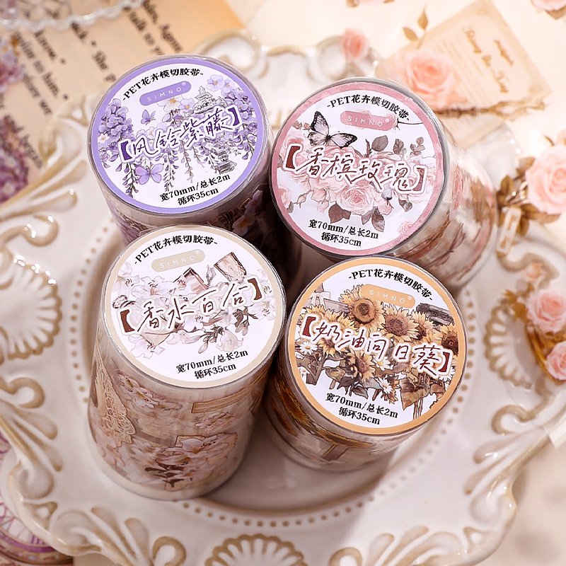 Simno 4 Rolls Pre-Cut Floral Tape Decorative Waterproof Adhesive Flower Stickers for Crafts Journaling Scrapbook Supplies