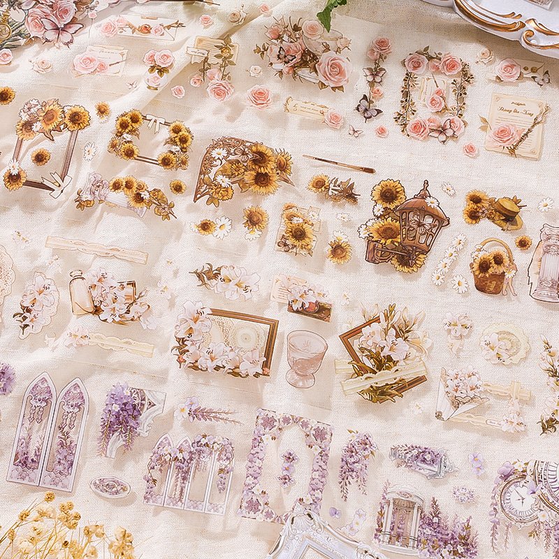 Simno 4 Rolls Pre-Cut Floral Tape Decorative Waterproof Adhesive Flower Stickers for Crafts Journaling Scrapbook Supplies