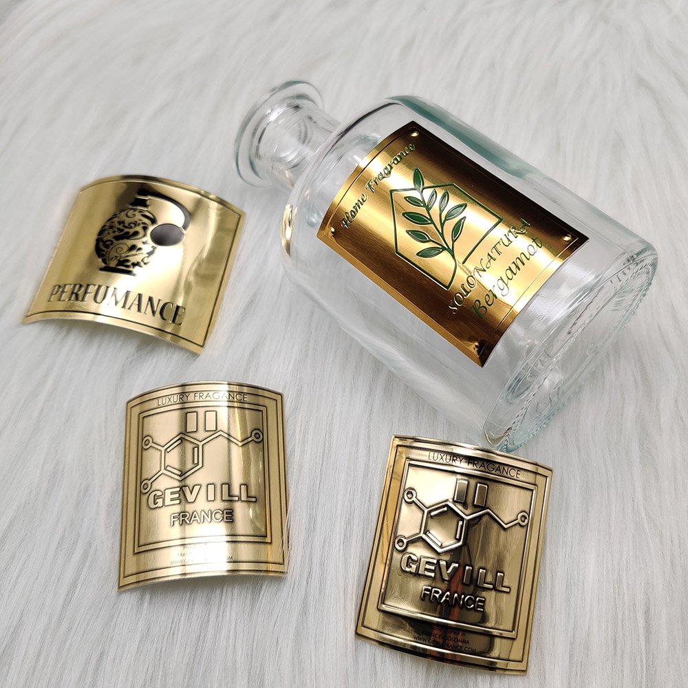 2024 China factory New Custom metal Logo Aluminum Embossed Adhesive Perfume Labels Cosmetic Glass bottle label stickers